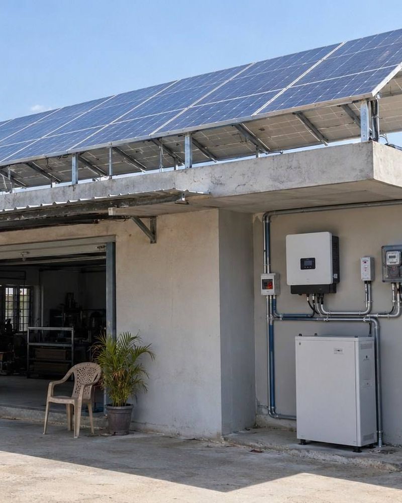 A GreenCube rooftop installation with inverter and battery